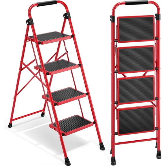 Step Ladder, 3 Step Ladder with Anti-Slip and Wide Pedal, Portable Foldable Step Stool with Handgrip, Sturdy Step Ladder for Home Kitchen Household, Red