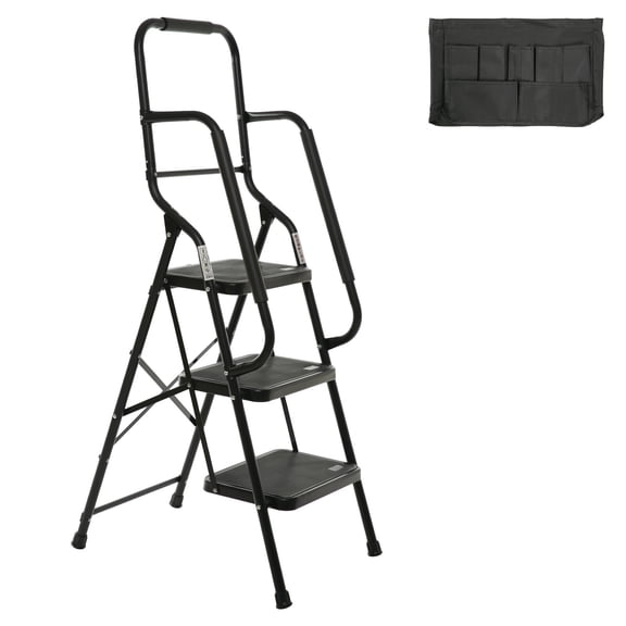 Step Ladder 3 Step Ladder with Handrails 500 lb Capacity Step Stool Folding Ladders for Home Kitchen Steel Frame with Safety Side Handrails Non-Slip Wide Pedal Stepladder with Attachable Tool Bag Bl
