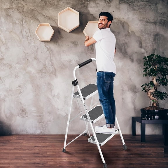 Step Ladder, 3 Step Stool Ergonomic Folding Step Stool with Wide Anti-Slip Pedal Sturdy Step Stool for Adults Multi-Use for Household, KitchenOffice Step Ladder Stool (3 Step - White)