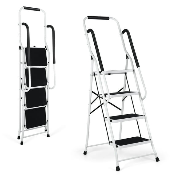 Step Ladder 4 Step Folding with Handrails, Folding Step Stool with Wide Anti-Slip Pedal, Sturdy Steel Portable Ladder, Lightweight Step Stool Foldable for Library Home Garage Office