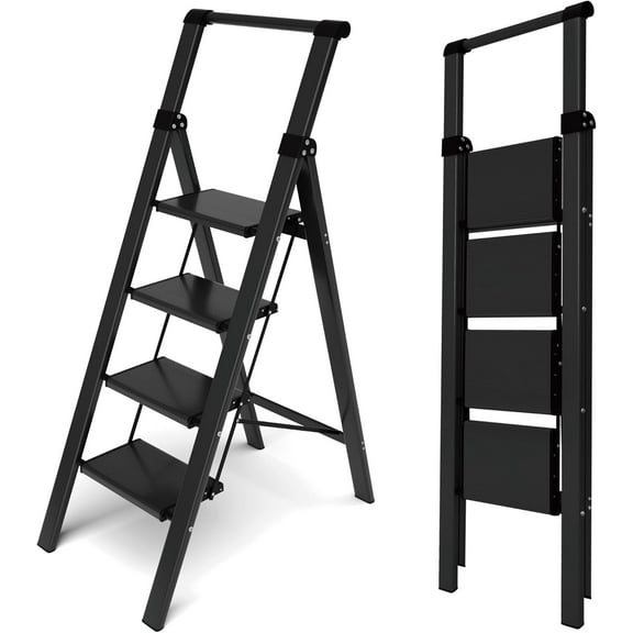 Step Ladder 4 Step Folding,Lightweight Portable Step Ladder with Anti-Split Pedal,Ladders with Convenient Handgrip,Aluminum Step Stool for Library, Home, Kitchen - Black
