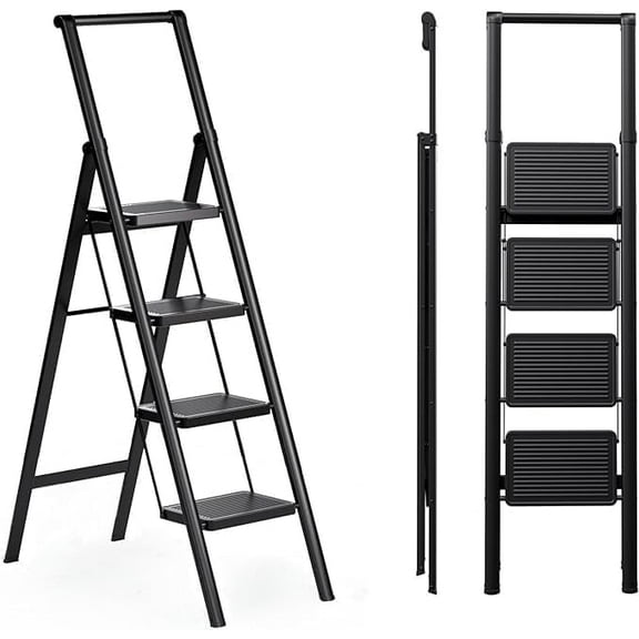 Step Ladder 4 Step Folding Stool with Anti-Slip Widened Sturdy Pedal and Handgrip, Portable and Multi-Use Iron Stepladder for Home, Kictchen, 300 lbs Capacity -Black