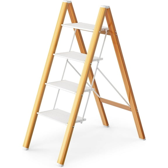 Step Ladder 4 Step Stool Aluminum Lightweight Folding Step Ladder with Wide Anti-Slip Pedal 330 Lbs Capacity for Home Kitchen Portable Woodgrain
