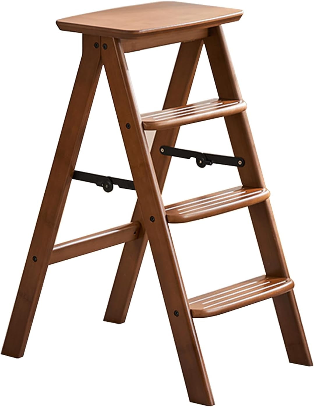 Step Ladder 4 Tier Folding- Anti Slip Step Stool Foldable, Multi 3-in-1 Bamboo Step Ladder Lightweight Portable, Wooden Step Stool Saving Space for Kitchen, Office(Brown, Capacity 250lbs)