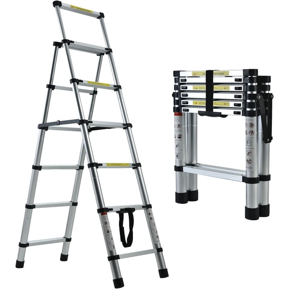 Step Ladder 5+6 Step Ladders A-Frame Extension Ladder 5.34FT Lightweight Telescoping Ladder with Rubber Foot, 330lbs Load Capacity & 74mm Widen Step Pedal, Herringbone Portable Ladder for Home Garage