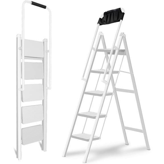 Step Ladder 5 Step Folding with Handrails, Safer 5 Step Ladders for Home, Convenient Folding Step Stool with Tool Bag, Sturdy Indoor/Outdoor Ladder for Adults Anti-Slip Pedals, White