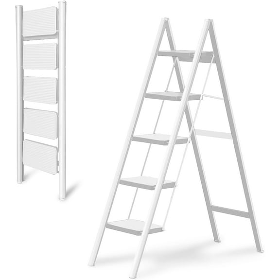 Step Ladder 5 Step Folding,Heavy Duty 330 Lbs Load Step Ladders for Home, Tall Kitchen/Closet Stepladder for Adults, Black Small & Lightweight Ladder with Anti-Slip Wide Pedals White
