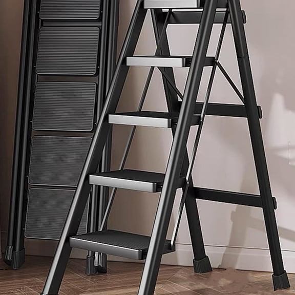 Step Ladder 5 Step Folding Portable Step Ladder with Anti-Slip Wide Pedal Aluminum Stepladder Lightweight Step Stool for Office Household Library 300lbs - Black