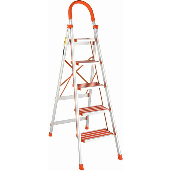 Step Ladder 5 Step Lightweight Folding Step Ladder Aluminum Step Stool with Widened Anti-Slip Strip Pedal Convenient Handgrip 350lbs EN131, Multi-use for Household and Office