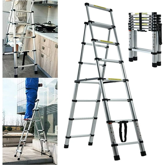 Step Ladder 6+7 Extension Ladder 6.4FT Aluminum Telescoping Ladder Herringbone Ladder Type A Frame Folding Compact Loft Ladder Extendable Attic Ladder Multi-Purpose, 330lbs Load Capacity