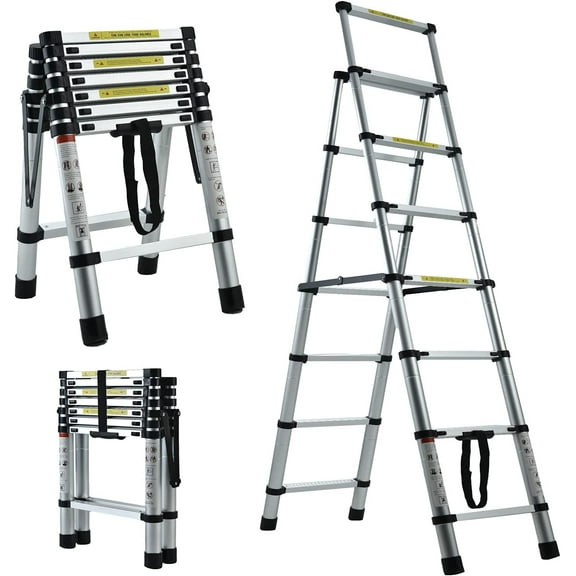 Step Ladder 6+7 Step Extension Ladder A-Frame Ladders 6.4FT Rubber Foot Telescoping Ladder Lightweight Heavy Duty 330lbs Load Capacity with 74mm Widen Step Pedal, Easy to Store