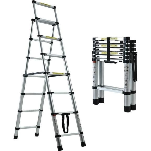 A-Frame Aluminum Telescoping Ladder 6+7 Step Ladder Extension Step Ladder Multi-Purpose Folding Portable Household Heavy Duty for Clean Decoration Home Garage Kitchen (2.0-2.,330lb Max Load,EN131)