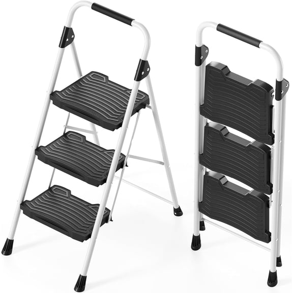 Step Ladder, 900lbs Sturdy Step Stool with Handrail, Non-Skid Wide Pedals, Foldable 3 Stepladder with Safety Locking for Home, Garage, Garden, Office