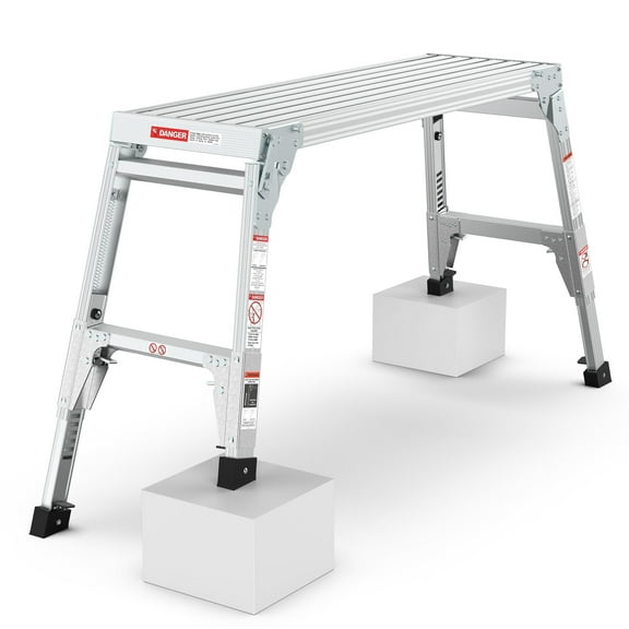 Step Ladder Aluminum Work Platform Large Size Step Stool Folding Portable Work Bench 40" Width Telescopic Feet 22" -27.5" Height Adjustable,Extension Ladder