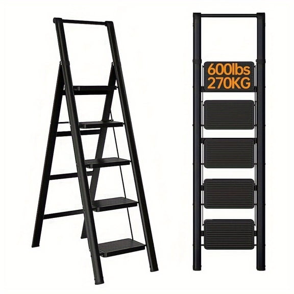 Step Ladder Foldable Folding Stool, 5 Step Tool Tray Stool Ladders with Handrails and Anti-Slip Wide Pedal, 600Lbs Closet Stepstool Stair Ladders, Black