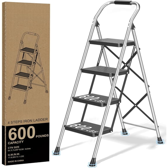Step Ladder Foldable Folding Stool - for Home Adults Kitchen 3 Stepping Extension Tall Heavy Duty with Handrails - Closet Stepstool Stair Ladders Extendable Stepladder for Indoor House 600Lbs