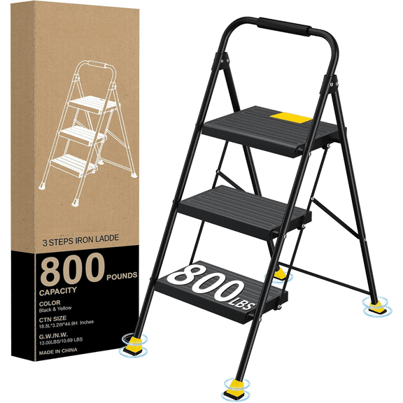 Step Ladder Foldable Folding Stool - for Home Adults Kitchen 3 Stepping Extension Tall Heavy Duty with Handrails - Closet Stepstool Stair Ladders Extendable Stepladder for Indoor House 800Lbs