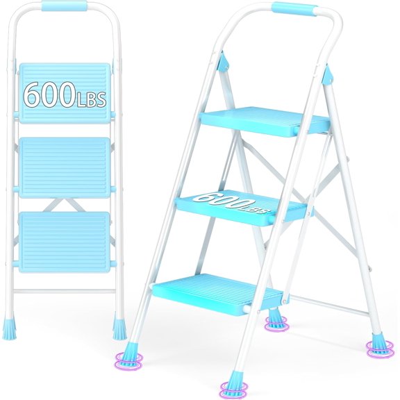 Step Ladder Foldable Folding Stool - for Home Adults Kitchen 3 Stepping Extension Tall Heavy Duty with Handrails - Closet Stepstool Stair Ladders Extendable Stepladder for Indoor House 600Lbs