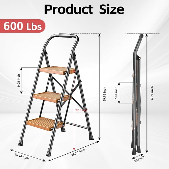 Step Ladder Foldable Folding Stool - for Home Adults Kitchen 3 Stepping Extension Tall Heavy Duty with Handrails - Closet Stepstool Stair Ladders Extendable Stepladder for Indoor House 600Lbs
