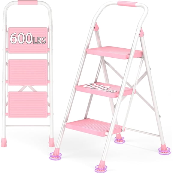 Step Ladder Foldable Folding Stool - for Home Adults Kitchen 3 Stepping Extension Tall Heavy Duty with Handrails Closet Stepstool Stair Ladders Extendable Stepladder Indoor House 600Lbs