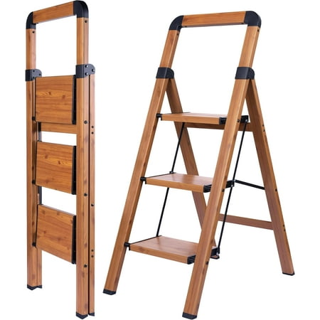Step Ladder Folding 3-Step Woodgrain Finish Aluminum Foldable Ladders,Anti-Slip for Home & Kitchen Office 330 lbs