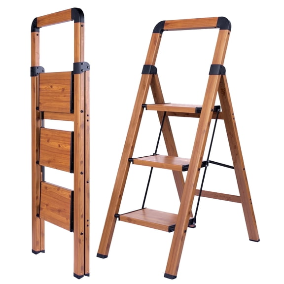 Calmwrd Step Ladder Folding 3-Step Woodgrain Finish Aluminum Foldable Step Ladders,Anti-Slip for Home & Kitchen Office 330 lbs