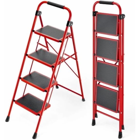 Step Ladder, Folding Ladder with Non-Slip and Wide Pedal, Small Ladders with Handle, Heavy Duty Steel Ladder, Lightweight Step Ladder (Red, 4 Step Ladder)