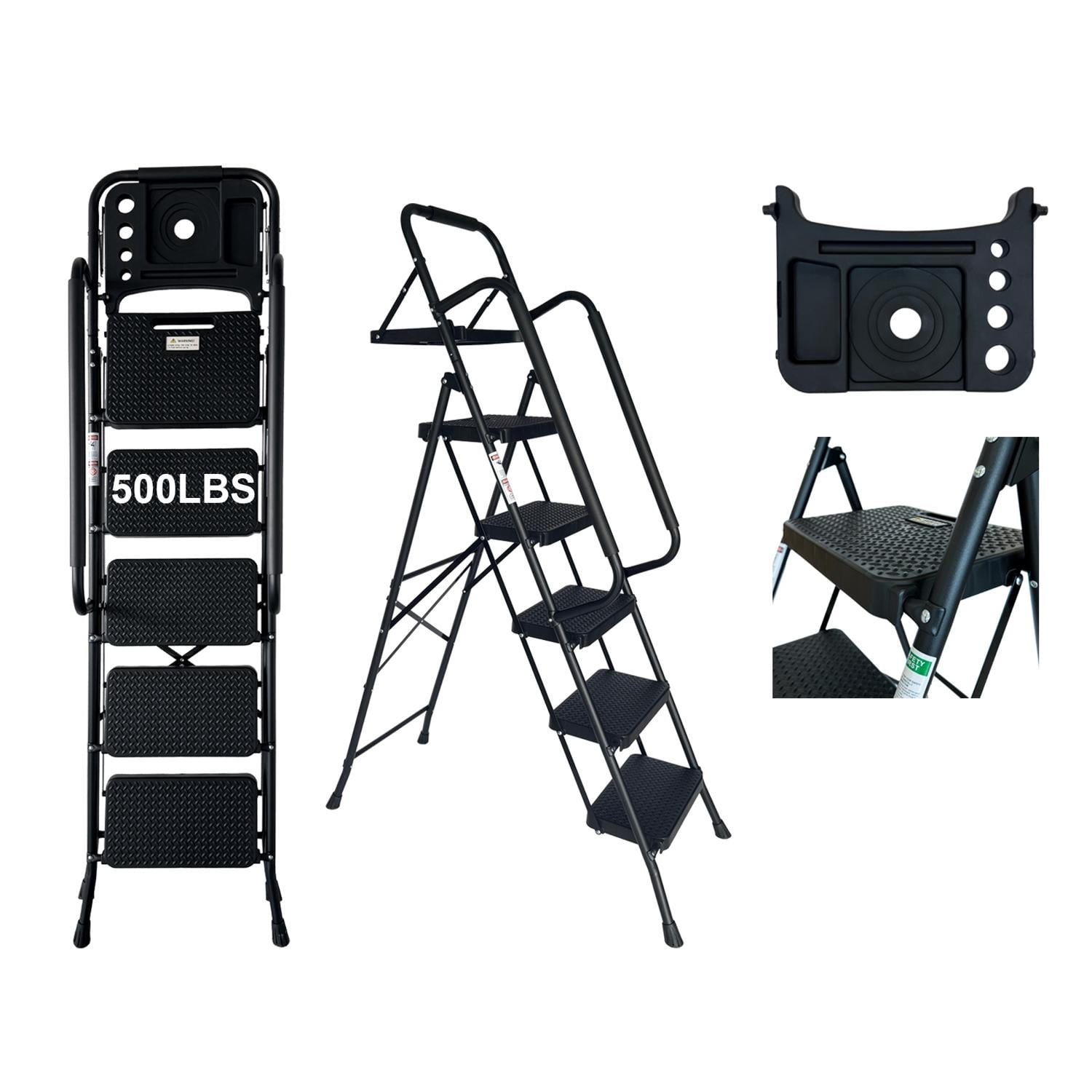 Step Ladder, Folding Step Stool with Wide Anti-Slip Pedal for Home Garage, Sturdy Steel Ladder with Handrail and Tool Platform, 500 lbs Capacity, 65.7 Inch Open Height, Black
