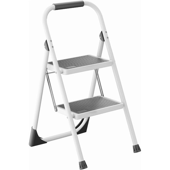 Step Ladder, Lightweight 2 Step Folding Step Stool with Handgrip Anti-Slip Sturdy and Wide Pedal Multi-Use for Household and Office,Handgrip Step Stool ladders(300lbs) (2-Step, White)
