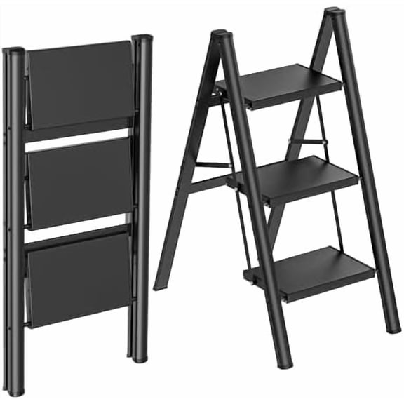 Step Ladder,Lightweight Aluminum Folding Step Stool with Anti-Slip Wide Pedal,330lbs Capacity Step Ladder for Household,Kitchen,Office - Black