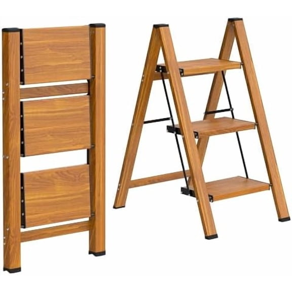 Step Ladder,Lightweight Aluminum Folding Step Stool with Anti-Slip Wide Pedal,330lbs Capacity Step Ladder for Household,Kitchen,Office - Woodgrain