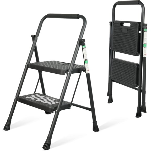 Step Ladder, Portable Steel Folding Stool with Wide Anti-Slip Pedal & Convenient Handgrip, Sturdy 2-Step, Black