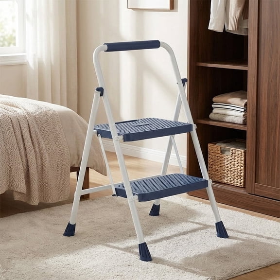 Step Ladder, Sturdy 2 Step Stool with Anti-Slip Pedal, Automatic lock, for Home Kitchen, Garage, Outdoor Use, Blue