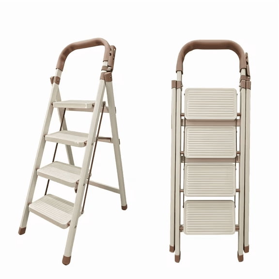 [Step Ladder for Women] Lightweight Folding Step Stool, Cream White Home Ladder, 4 Step Folding Step Ladder