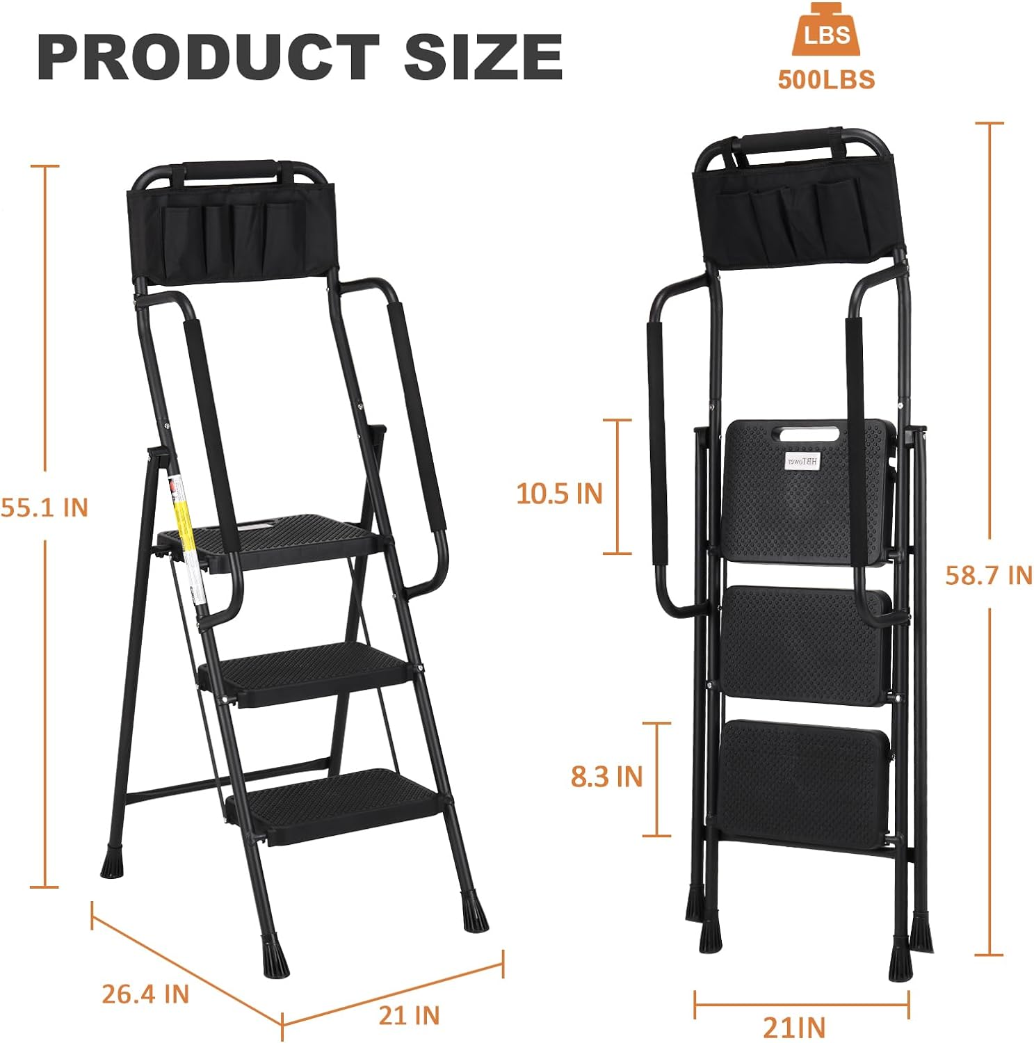 Step Ladder with Handrails, Folding Step Stool with Attachable Tool Bag