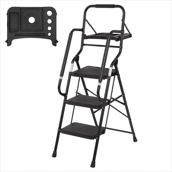 Step Ladder with Handrails Folding Step Stool with Tool Plateform, 330 lb Capacity Step Stools for Adults