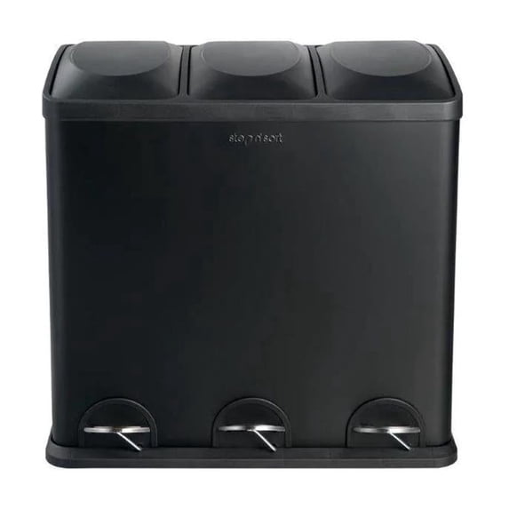 Step N' Sort Kitchen Trash Can, 16 Gallon Stainless Steel 3 Compartment Recycle Step Lid Garbage Bin, Black