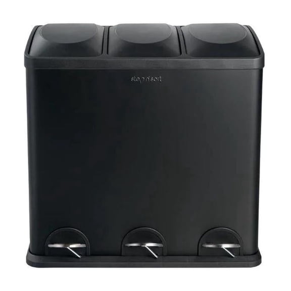 Open Box Step N' Sort Kitchen Trash Can, 16 Gallon Stainless Steel 3 Compartment Recycle Step Lid Garbage Bin, Black