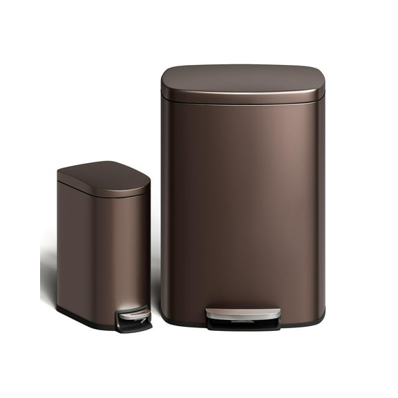 Step-On Stainless Steel Trash Can Combo Set – 13.2 & 2.6 Gallon – Removable Inner Buckets, Soft-Close Lids, Odor Control, Rustproof, Rear Handles, Waste Bin for Kitchen, Bathroom, Office, Brown