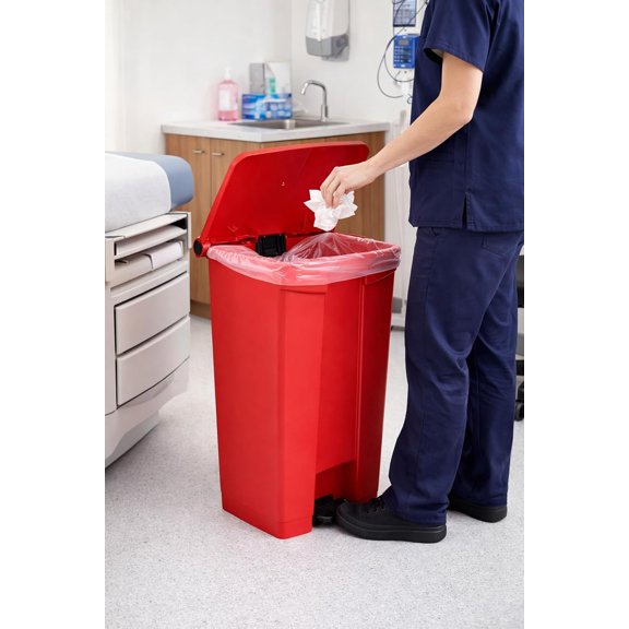 Step-On Trash Can, 23 Gallon, Red, Rectangular, Heavy Duty Plastic, Indoor Use, 20W x 16D x 32H inches$$Storage
