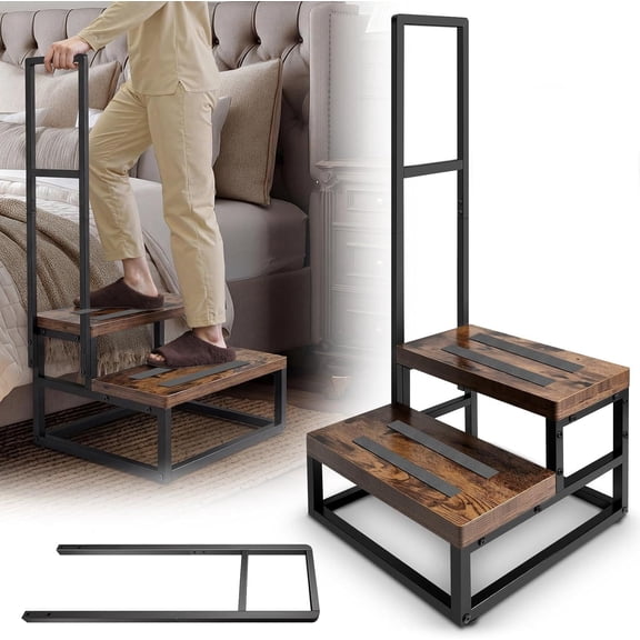Step Stool with 2 Handles – Includes Extra Removable Handle for Double-Sided Support, Anti-Slip Wooden Platform, Heavy-Duty for High Bed, Kitchen, Bathroom