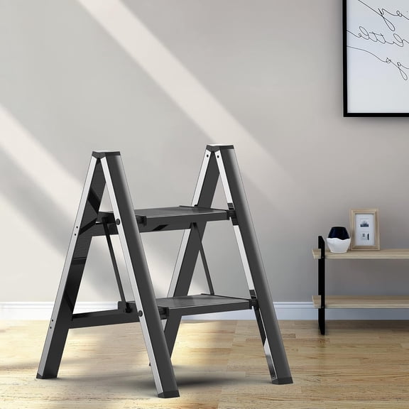 Step Stool, 2 Step Ladder with Anti-Slip and Wide Pedal, Folding Portable Iron Stepladder for and Kitchen, 300lbs - Black