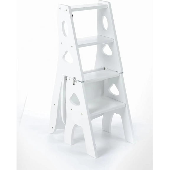 Step Stool, 4-Step or 3-Step Folding, Portable, Made of The Solid Wood, Four Color Available (White, Chair)