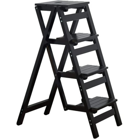Step Stool, 4-Step or 3-Step Folding, Portable, Made of The Solid Wood, Three Color Available (4-Step Black)