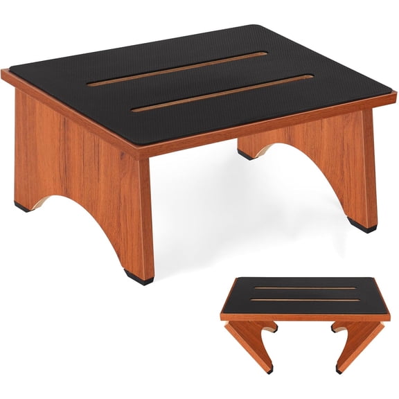 Step Stool Foldable, Wooden Step Stool with Non-Slip Rubber Stepping Platform, Folding Step Stools for Adults Seniors in Bedroom, Kitchen Bathroom, RV, Bed Steps for High Beds, No Assemble (Brown)