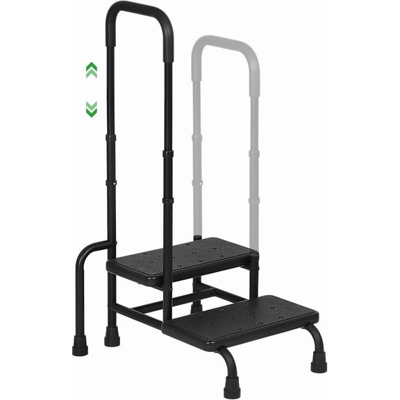 Step Stool with Handle, 2-Step Stools with Adjustable Handrail & Reinforced Leg, Bedside Stair Stool for Adults Elderly Children, Non-Slip Foot Bed Steps for High Beds, Kitchen, Bathtub