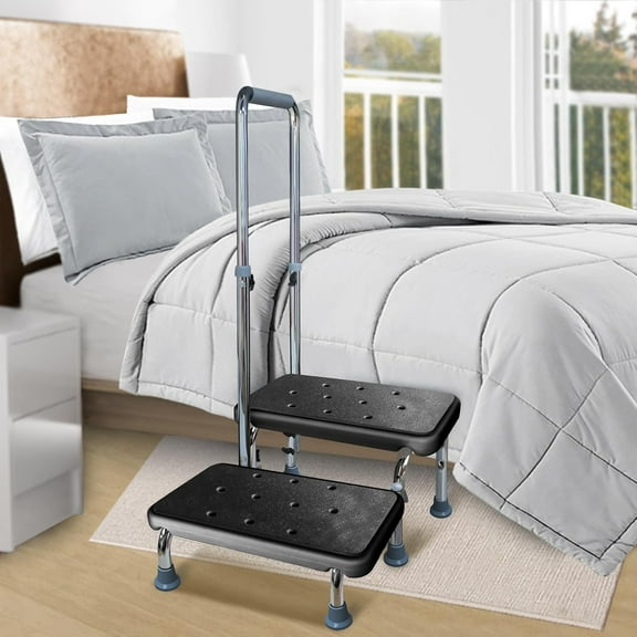 Step Stool with Handle, 400 lbs Adjustable 2 Steps Stool with Handrail for Adults and Seniors, Easy Assmbly Medical Foot Step Stool for Bed, Kitchen, Car, Bathtub