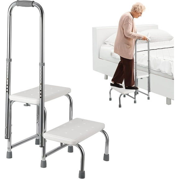Step Stool with Handle, Adjustable Height Handrail 8.5-16.5inch, Non-Slip Platform, 450 Lbs Capacity, Easy to Assemble, Foot Stool for Elderly, Disabled, Suitable for Bedside, Kitchen, Car, Bathtub