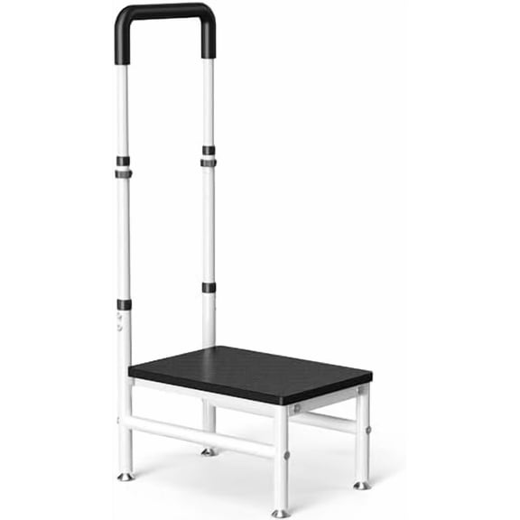 Step Stool with Handle for Adults and Seniors, Heavy Duty One Step Wooden Platform Stool with Adjustable Handrail, Wide Non Slip Footstool for Bedside, Bathroom and Home$$Office