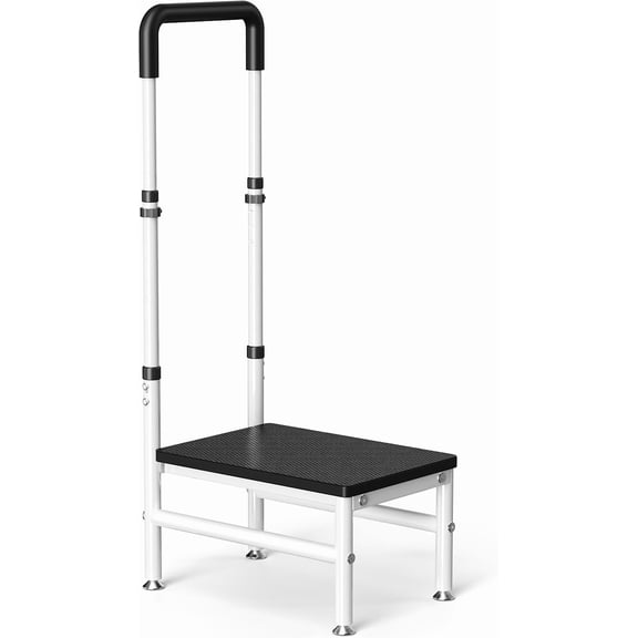 Step Stool with Handle for Adults and Seniors, Heavy Duty One Step Wooden Platform Stool with Adjustable Handrail, Wide Non Slip Footstool for Bedside, Bathroom and Home